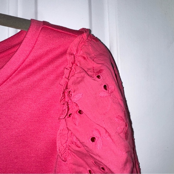 LOFT Pink Eyelet Round Neck Puff Long Sleeve Knit Top Shirt S - Picture 6 of 11